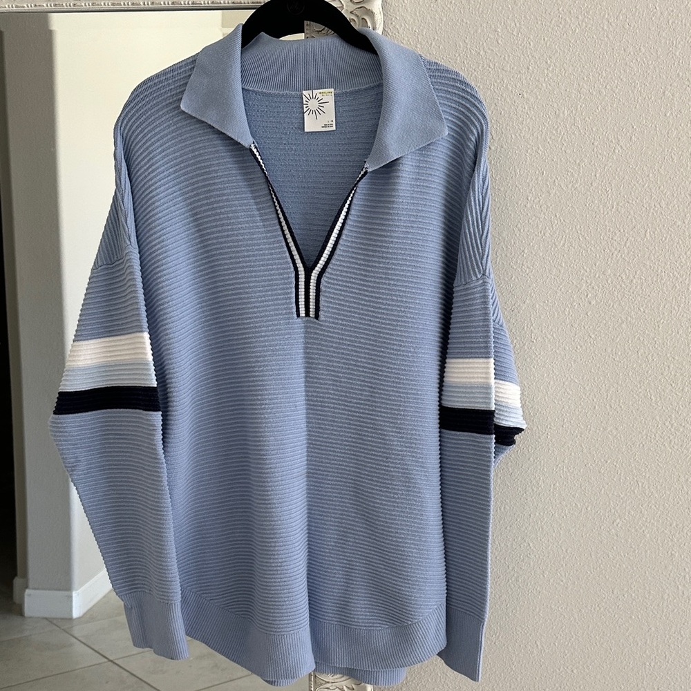Aerie Light Blue Home Stretch Polo Sweater with Striped Sleeves